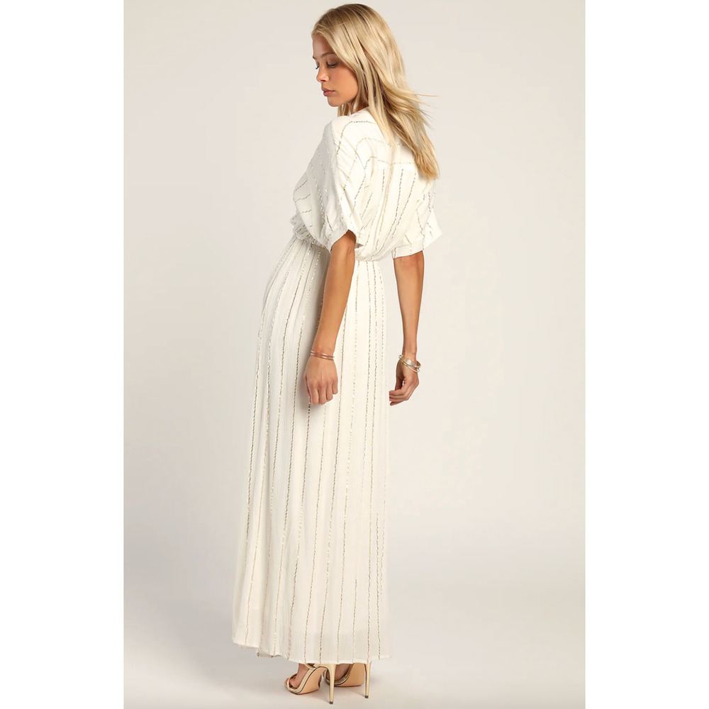 Lulus Goddess Vibes Ivory Gold Striped Dolman Sleeve Maxi Dress Resort XS NWT - Picture 4 of 11